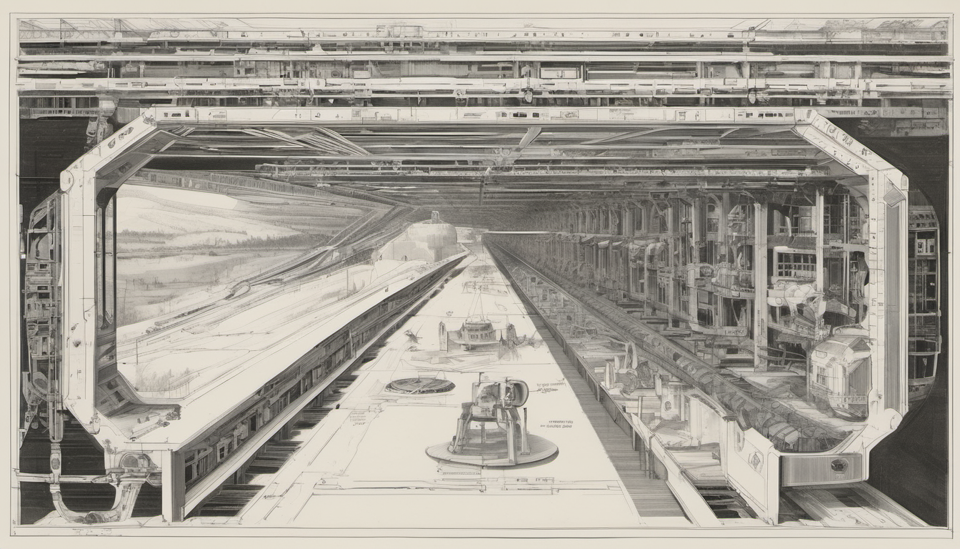 Architectural cross-section of a five-span viaduct with progressively refined segments from rough monitoring booth to precision survey platform, one figure walking along the connecting walkway