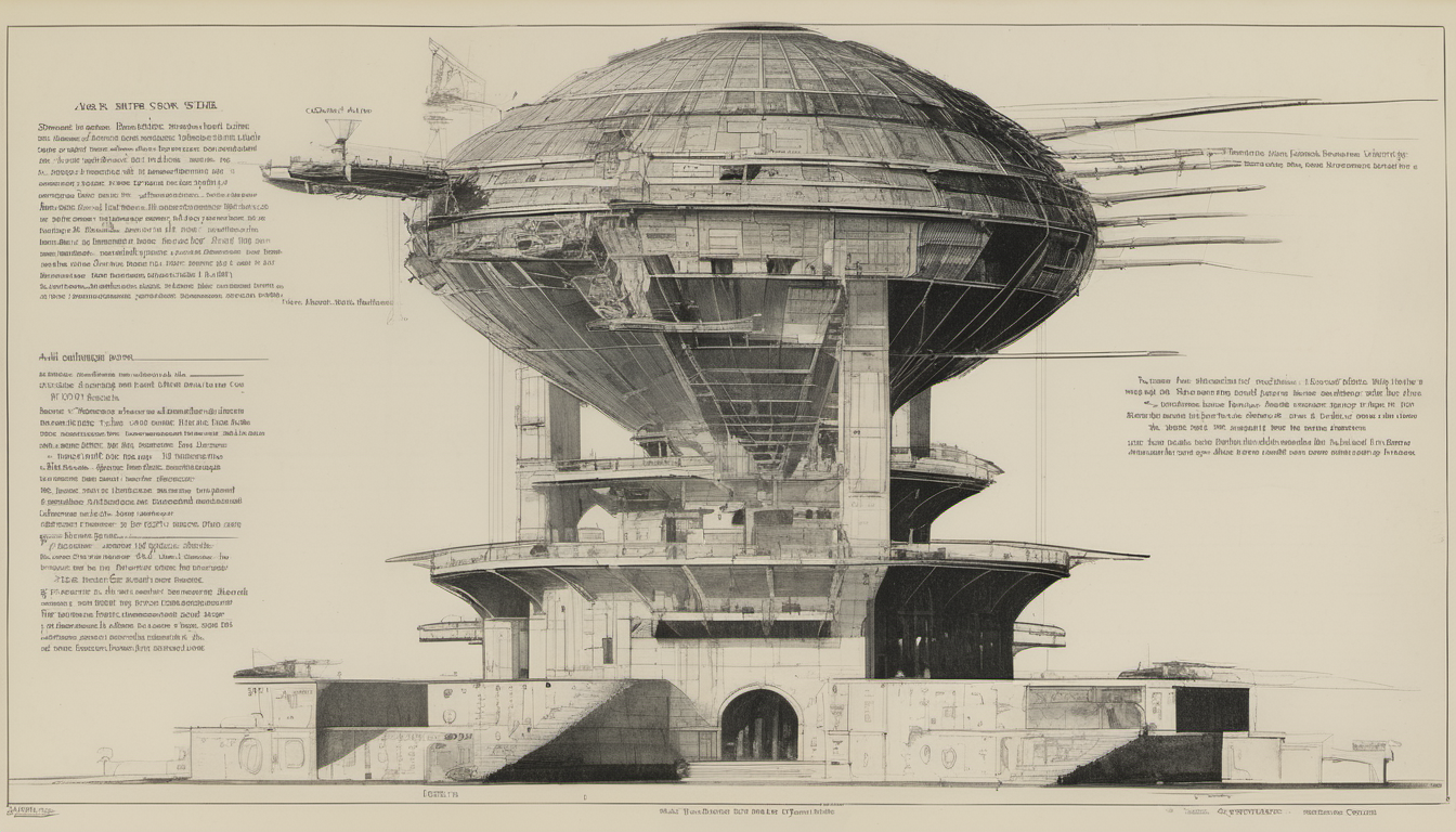 Architectural cross-section of a four-tier tower with operations, programme, platform, and an unfinished principal command gallery, one figure climbing the external stairway toward the top