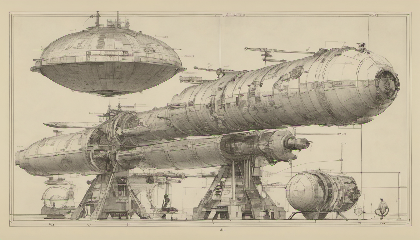 Architectural cross-section of a workshop with four half-finished stations — observability mast, automaton chassis, self-repair mechanism, study desk — one figure with a checklist