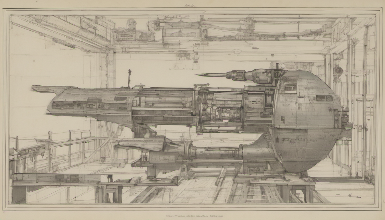 Architectural cross-section of an automated conveyor gallery — commit hatch, build-and-test station, release bin — with a rail-mounted runner gantry above and one figure observing