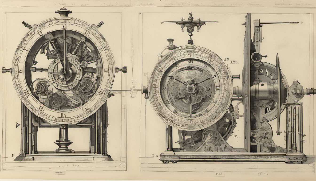 Architectural cross-section of a grandfather clock with full cutaway revealing the gear train, pendulum, and descending weights, one small figure at the open case door inspecting the mechanism